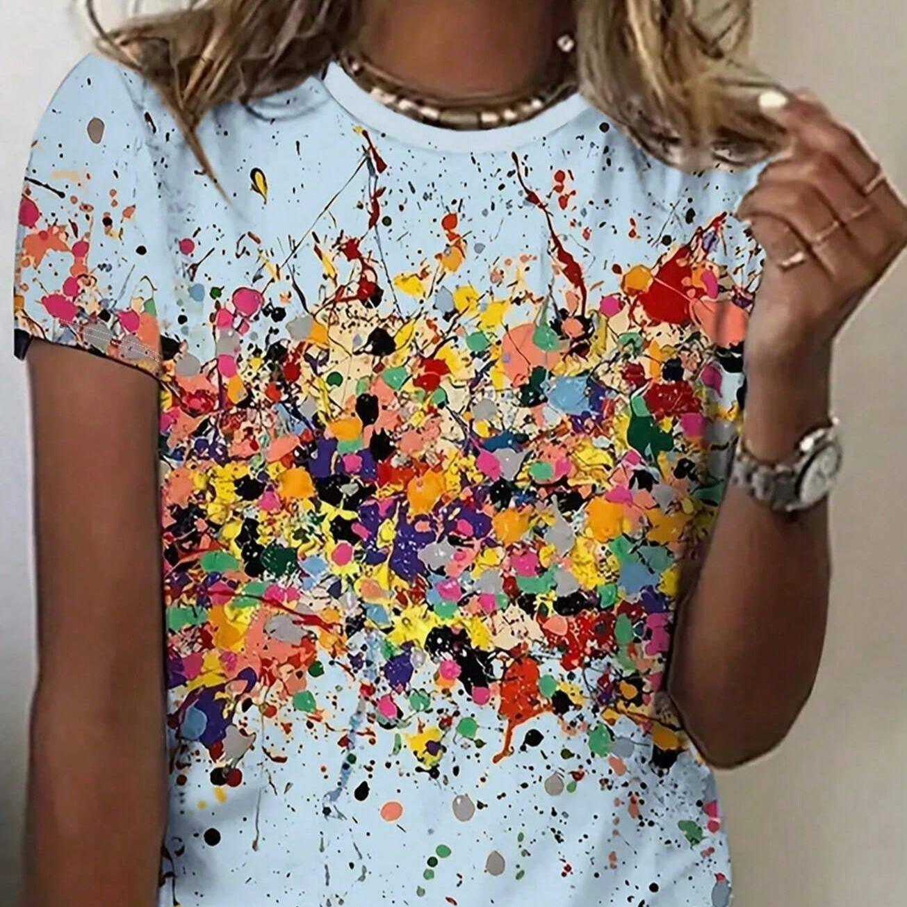 Women Summer Abstract Casual Loose Round Neck Short Sleeve T-Shirt