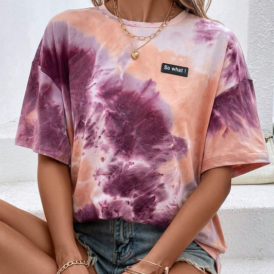 Tie Dye Slogan Patched Detail Drop Shoulder Tee