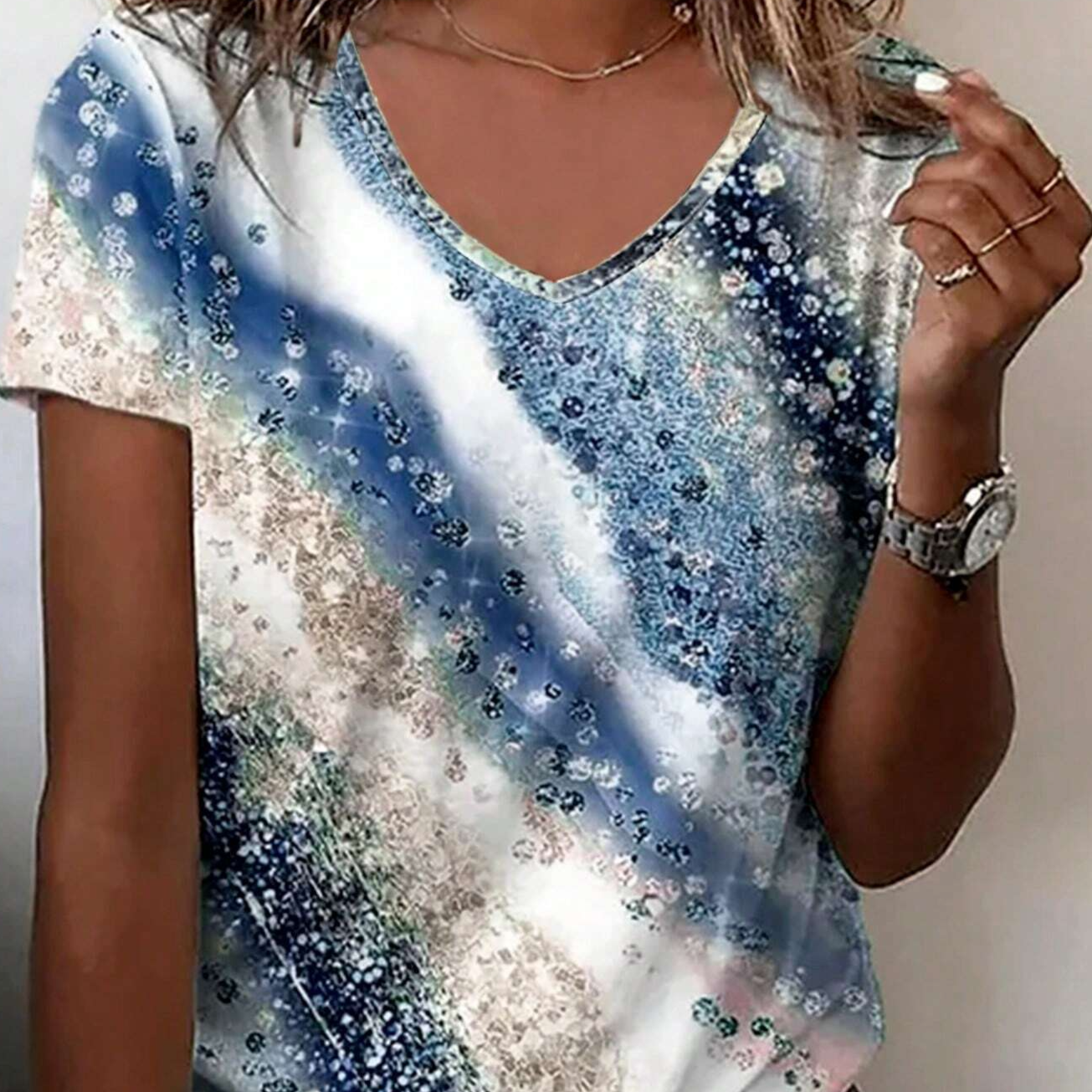 Printed Irregular Cut H Shaped V Neck Ripple Imitation Sequin Patterned Summer Casual T-Shirt