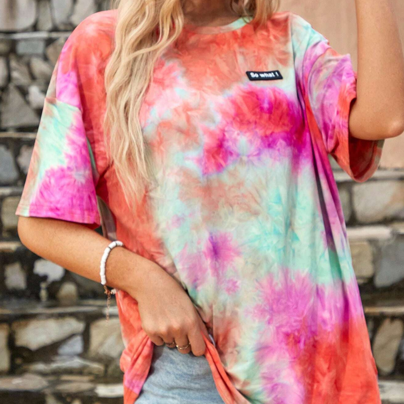 Tie Dye Slogan Patched Detail Drop Shoulder Tee