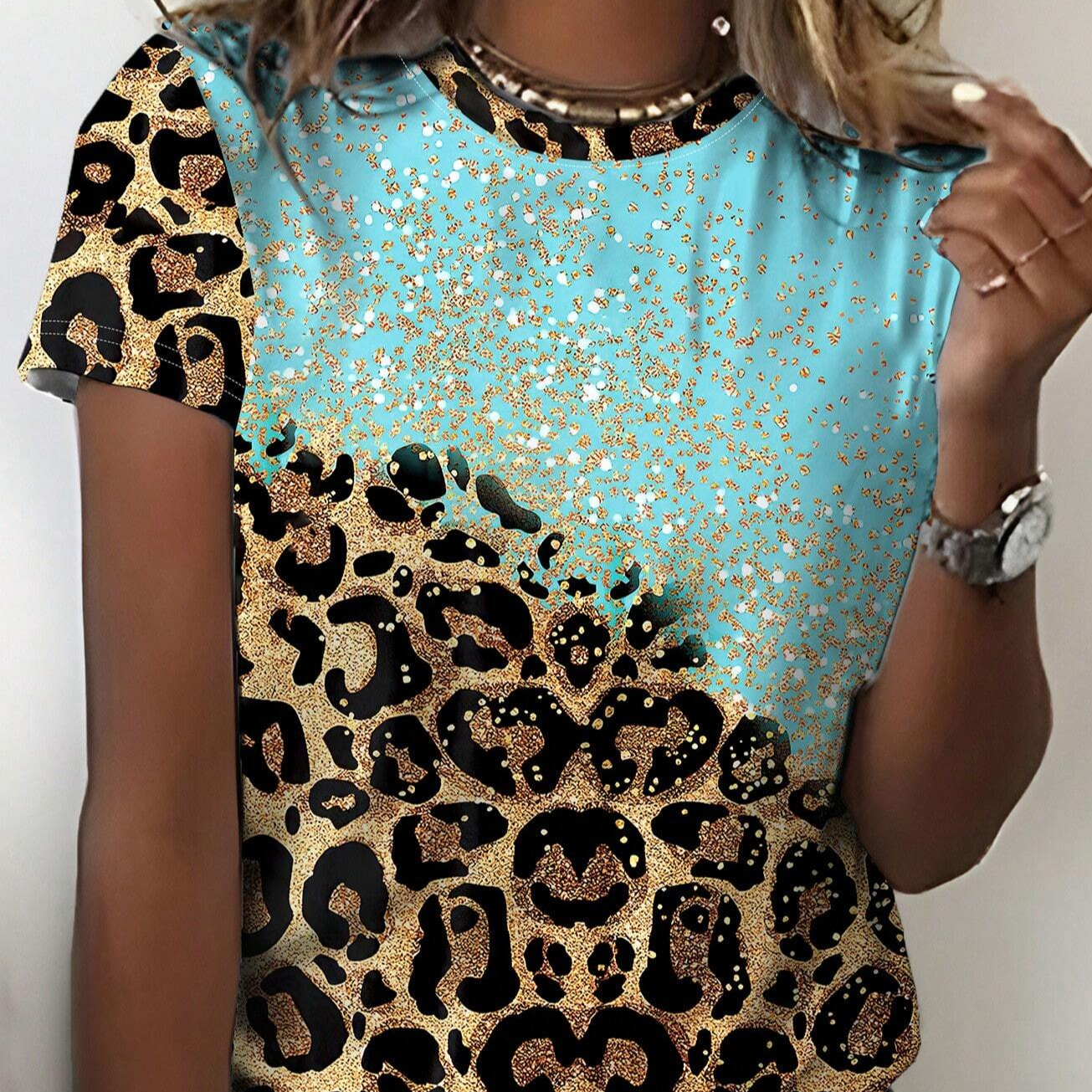 Ladies' Creative Leopard Splice Pattern Printed Short Sleeve T-Shirt For Casual Spring/Summer Outfits