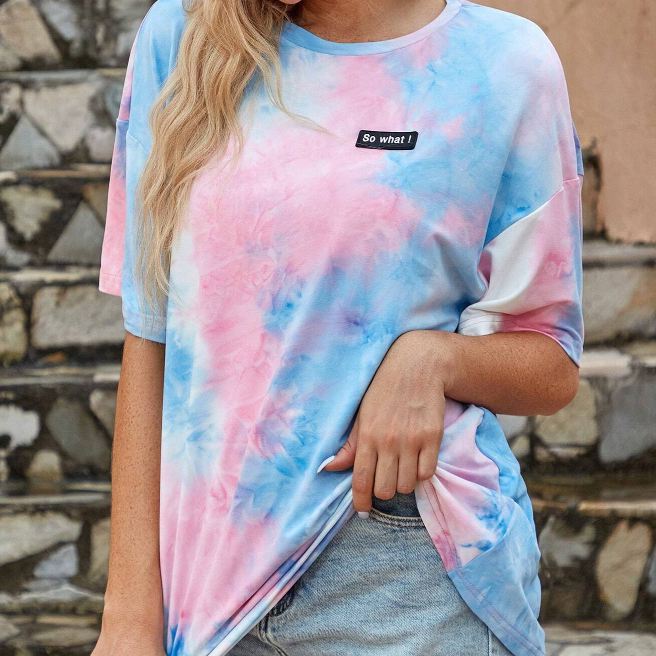 Tie Dye Slogan Patched Detail Drop Shoulder Tee