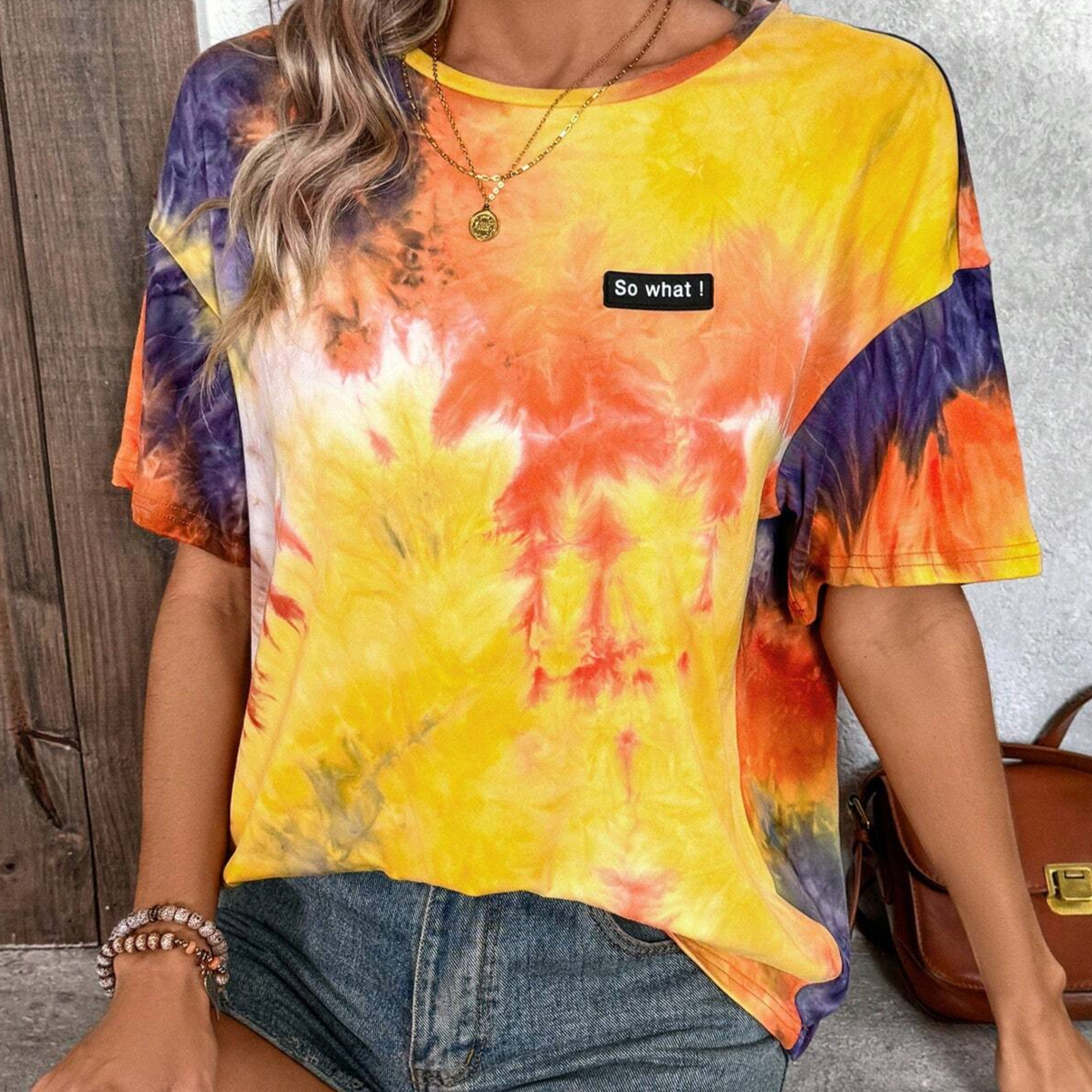 Tie Dye Slogan Patched Detail Drop Shoulder Tee