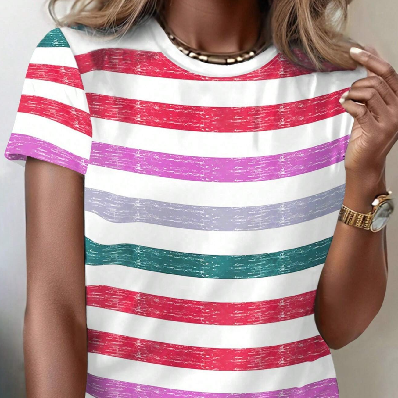 Letter Printed Ombre Round Neck Short Sleeve T-Shirt For Spring/Summer