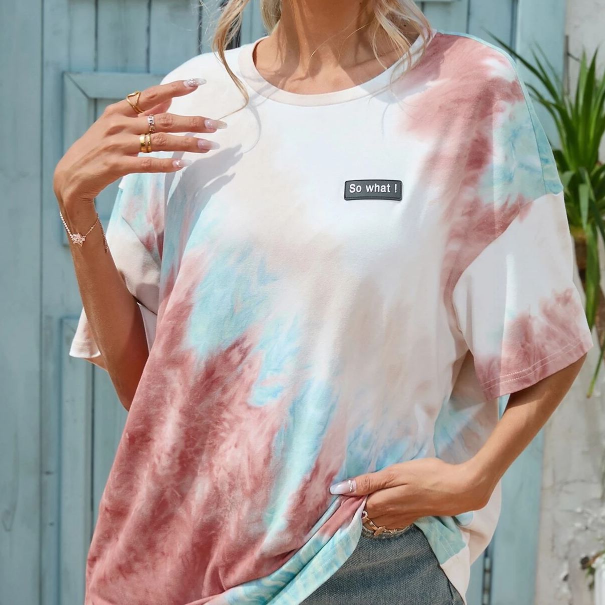 Tie Dye Slogan Patched Detail Drop Shoulder Tee