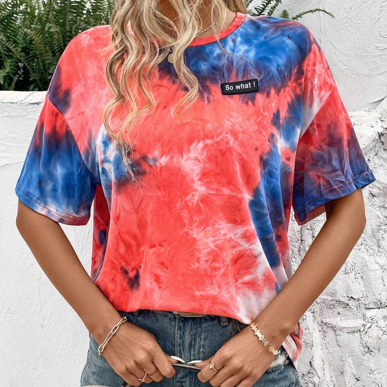 Tie Dye Slogan Patched Detail Drop Shoulder Tee