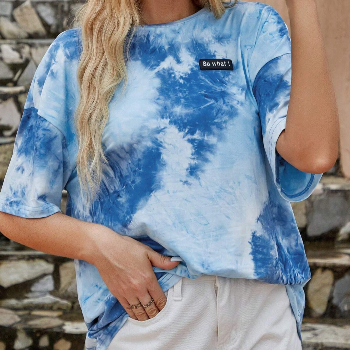 Tie Dye Slogan Patched Detail Drop Shoulder Tee