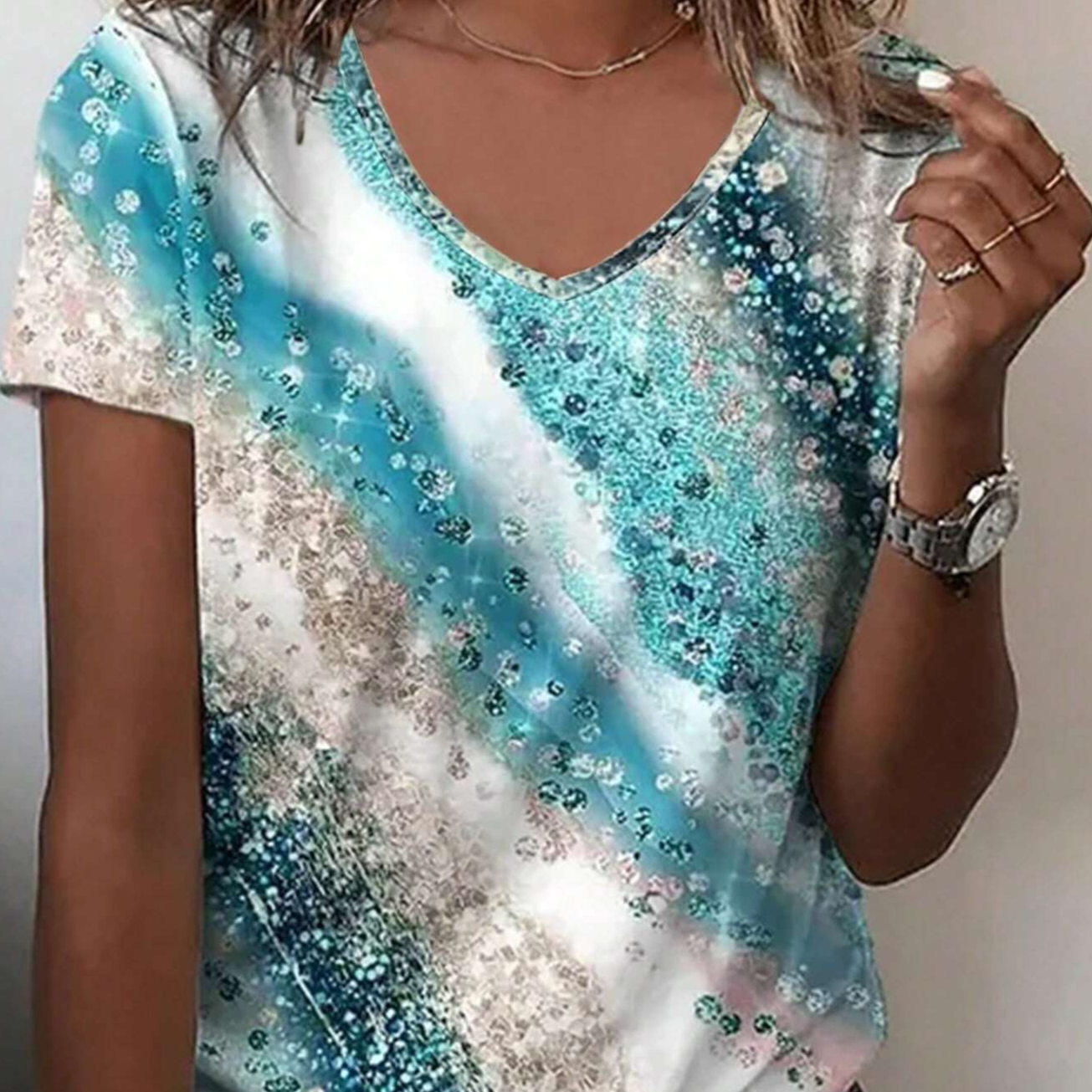 Printed Irregular Cut H Shaped V Neck Ripple Imitation Sequin Patterned Summer Casual T-Shirt