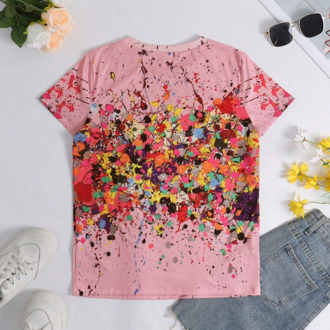 Women Summer Abstract Casual Loose Round Neck Short Sleeve T-Shirt