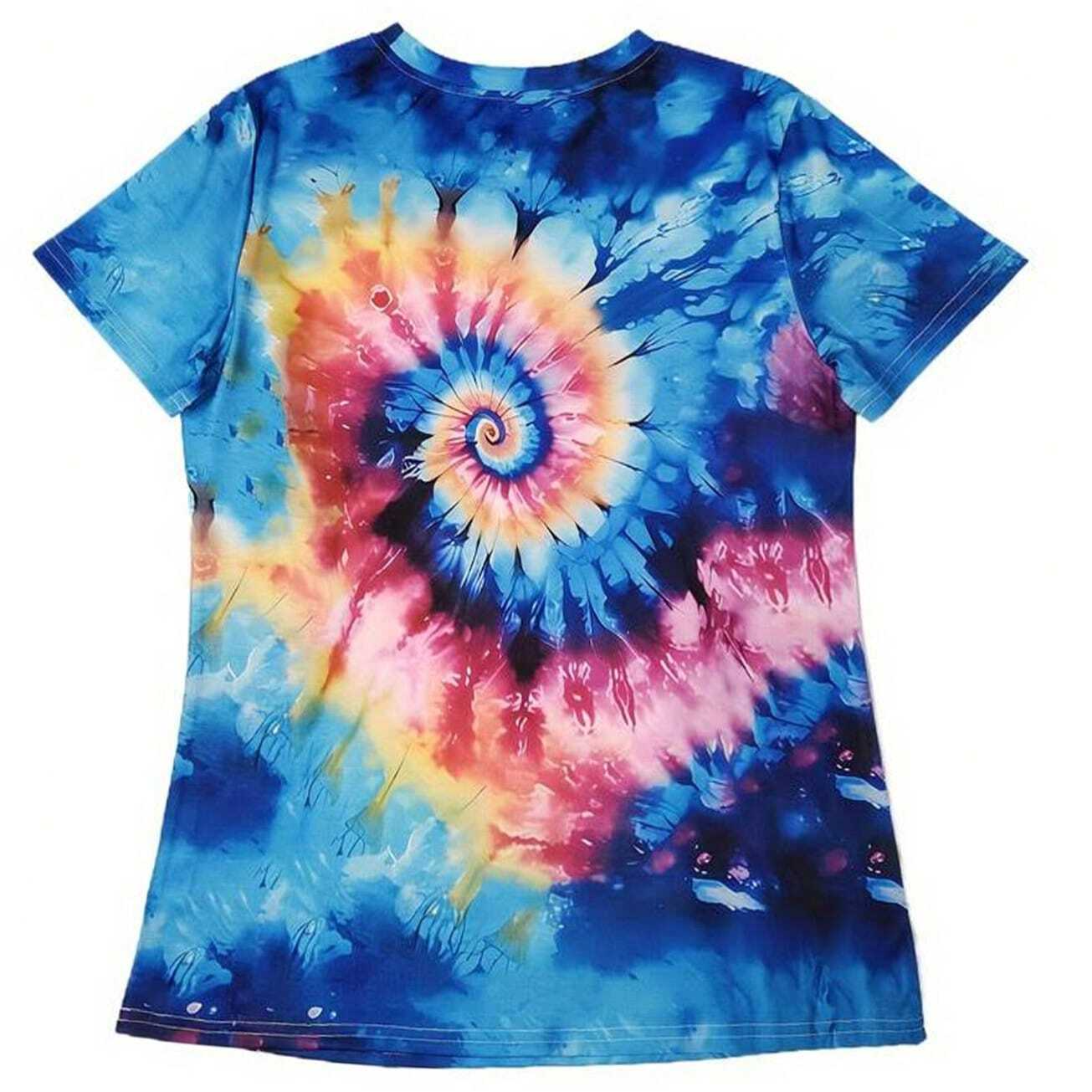 Women Tie-Dye Printed Round Neck Short Sleeve Casual T-Shirt For Summer