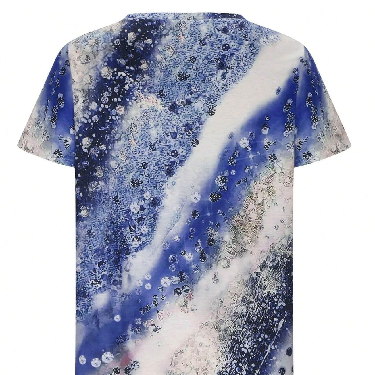 Printed Irregular Cut H Shaped V Neck Ripple Imitation Sequin Patterned Summer Casual T-Shirt