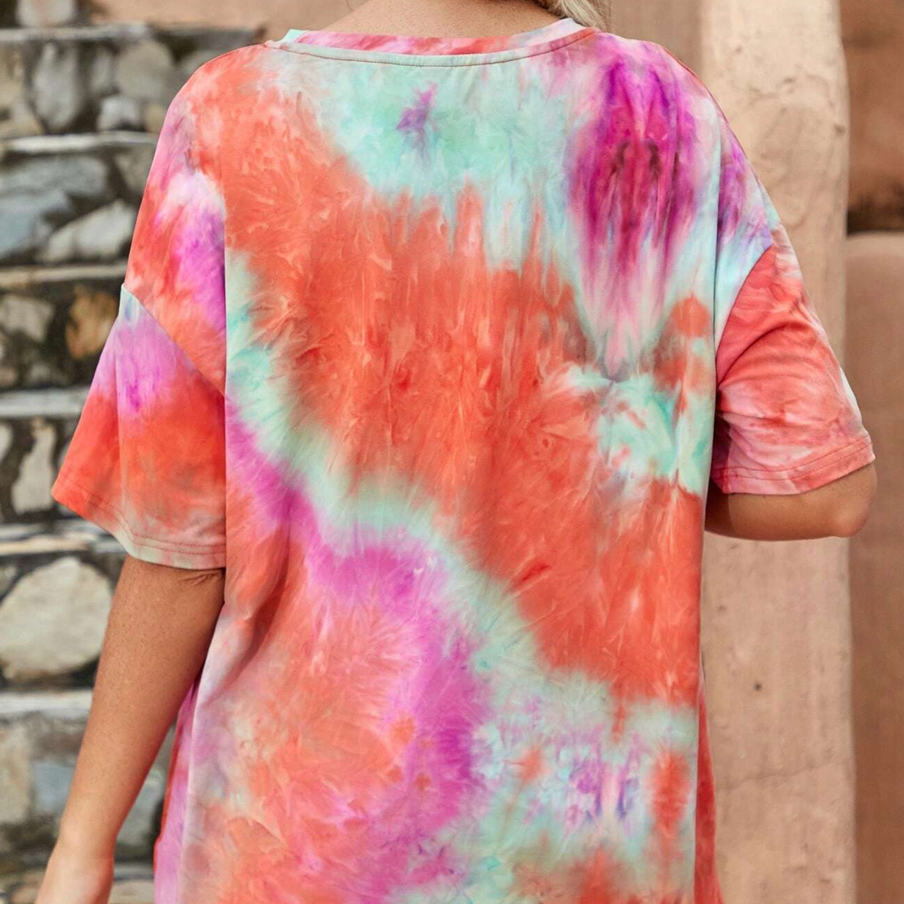 Tie Dye Slogan Patched Detail Drop Shoulder Tee