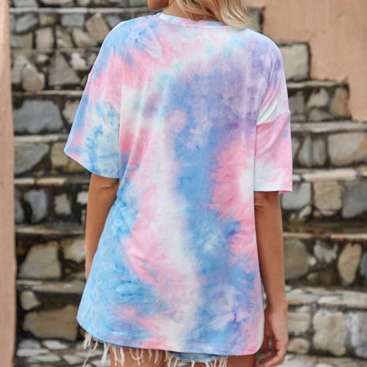 Tie Dye Slogan Patched Detail Drop Shoulder Tee