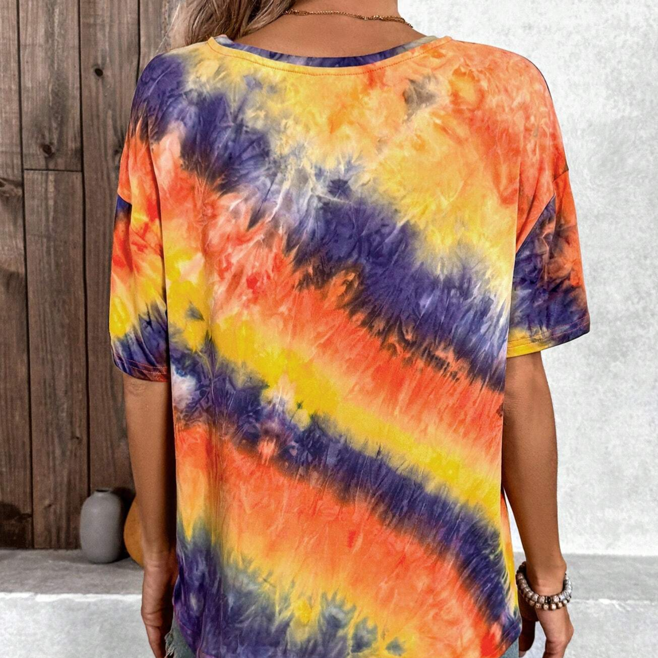 Tie Dye Slogan Patched Detail Drop Shoulder Tee