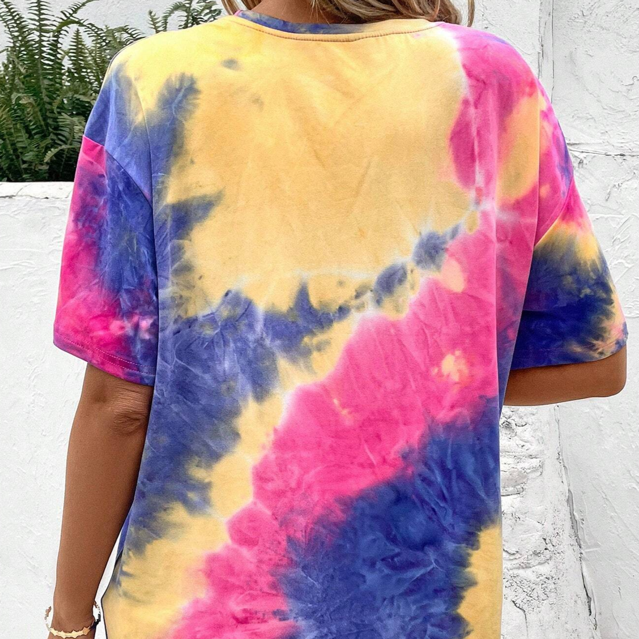 Tie Dye Slogan Patched Detail Drop Shoulder Tee