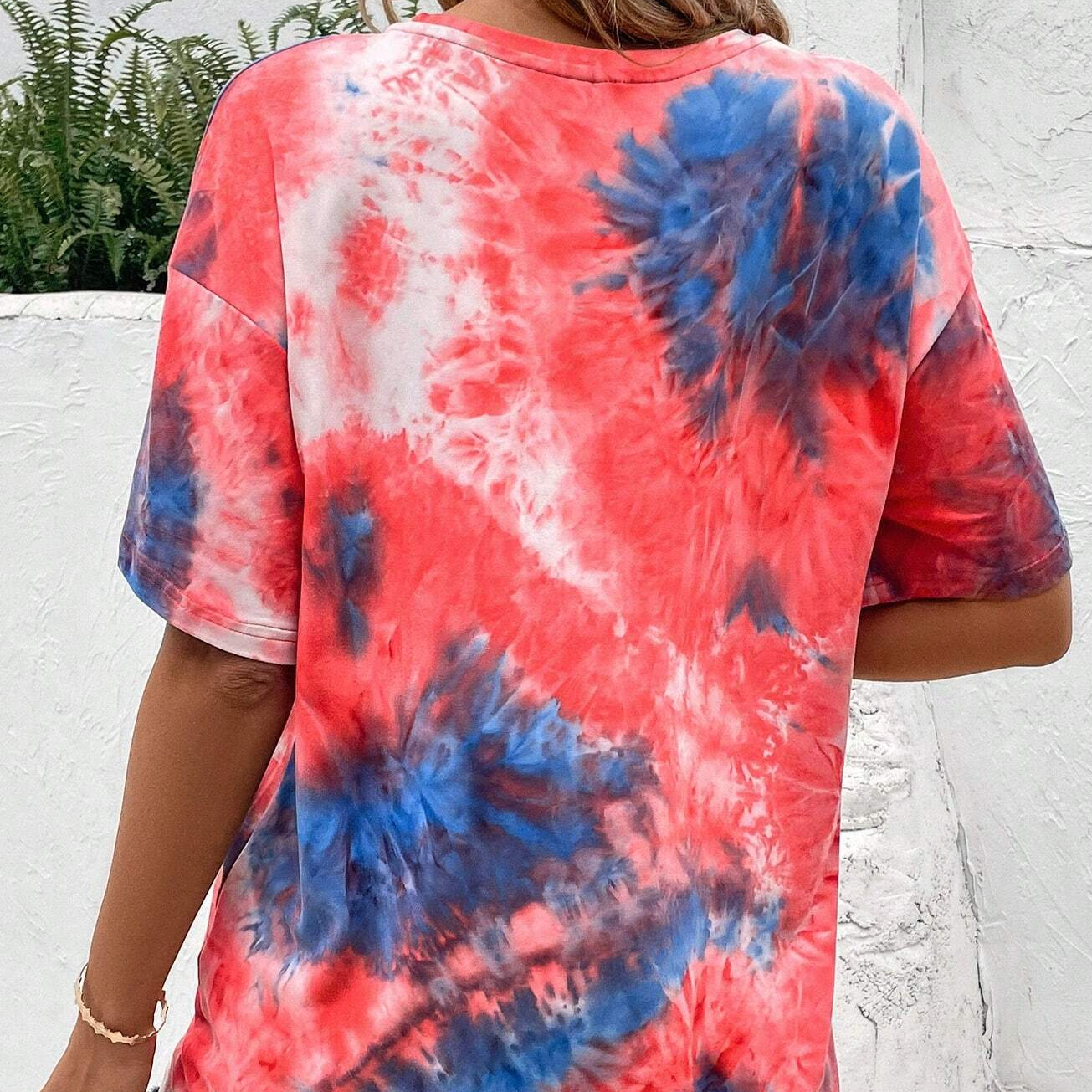 Tie Dye Slogan Patched Detail Drop Shoulder Tee