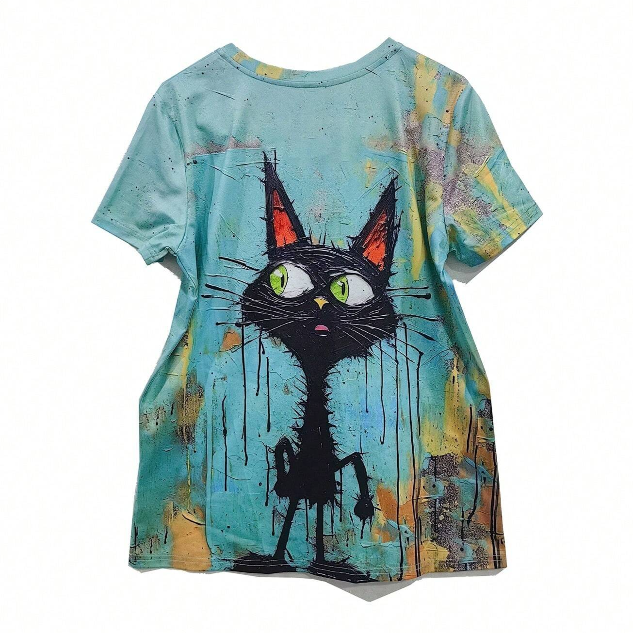 Women's European And American Style Cartoon Cat Oil Painting Print Casual Short Sleeve T-Shirt