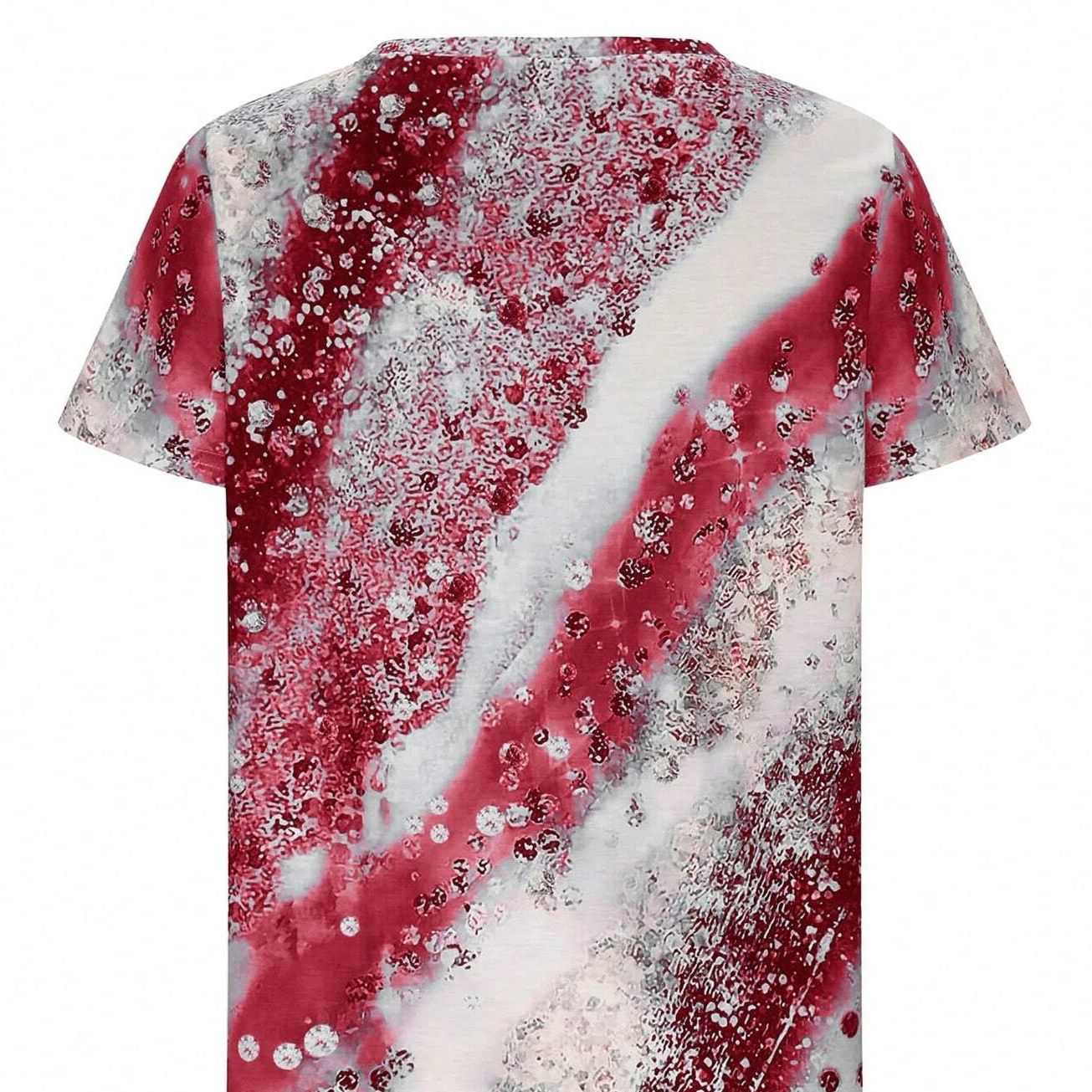 Printed Irregular Cut H Shaped V Neck Ripple Imitation Sequin Patterned Summer Casual T-Shirt