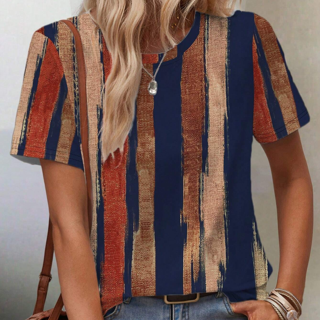 Women's Summer Round Neck Fashionable Loose Striped Short-Sleeved Casual T-Shirt