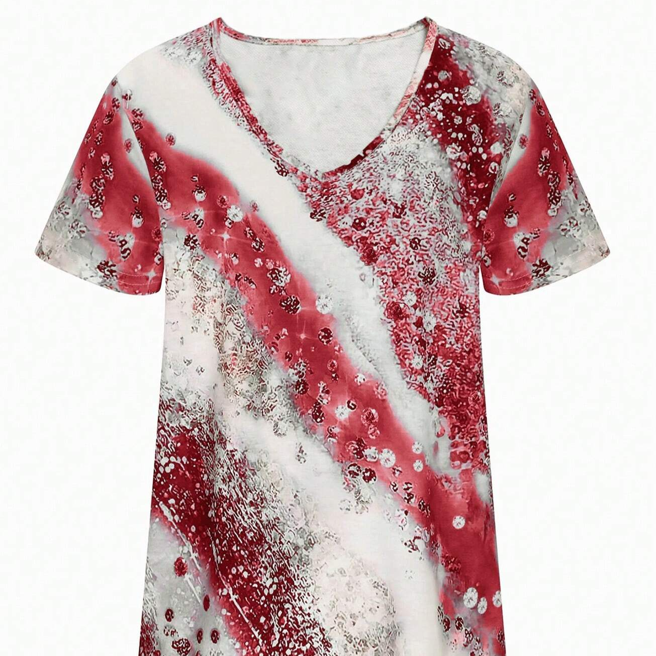 Printed Irregular Cut H Shaped V Neck Ripple Imitation Sequin Patterned Summer Casual T-Shirt