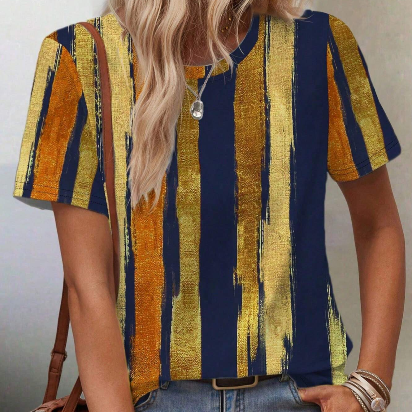 Women's Summer Round Neck Fashionable Loose Striped Short-Sleeved Casual T-Shirt