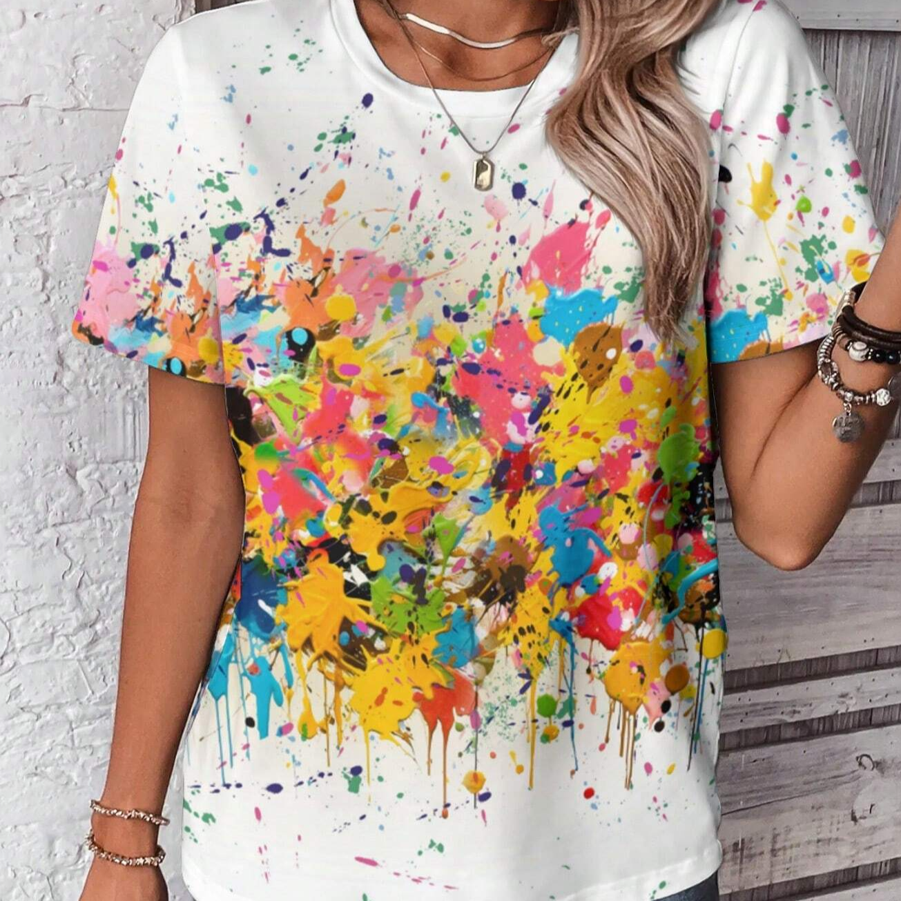 Ink Splash Print Casual Simple Round Neck Short Sleeve Slim Fit Women T-Shirt