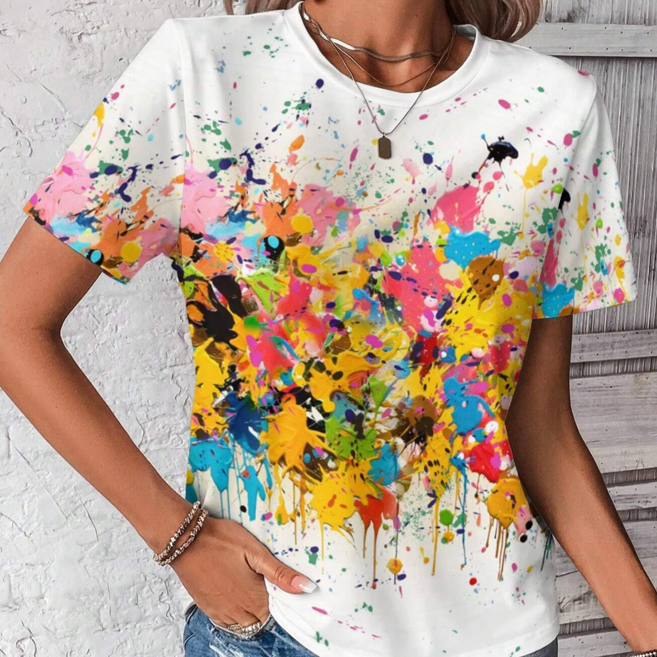 Ink Splash Print Casual Simple Round Neck Short Sleeve Slim Fit Women T-Shirt