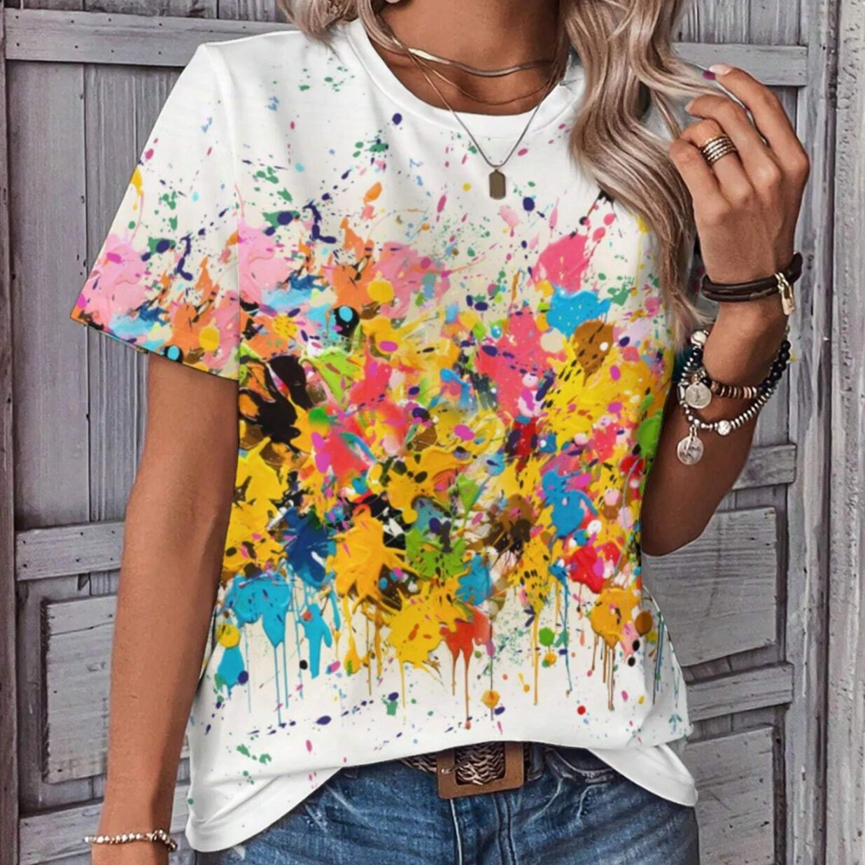 Ink Splash Print Casual Simple Round Neck Short Sleeve Slim Fit Women T-Shirt