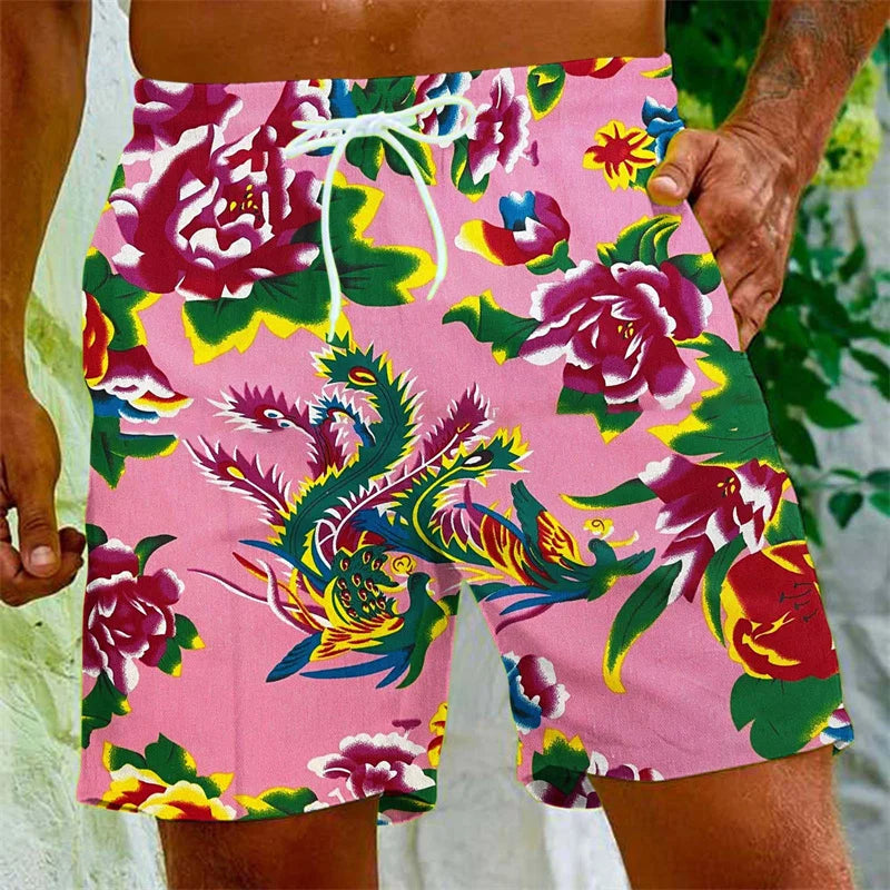 Chinese Dongbei Flower  Beach Shorts For Men Surfing Board Shorts