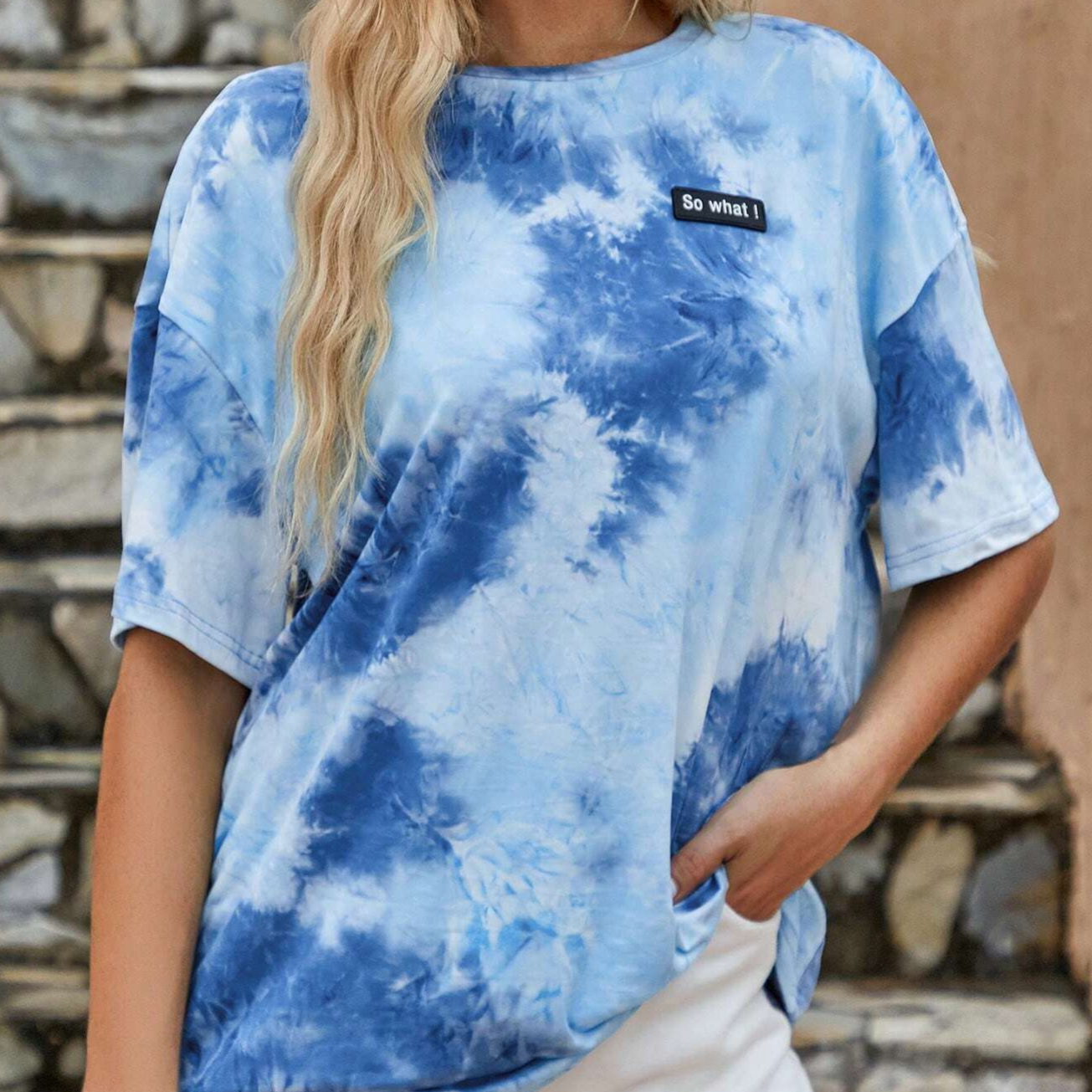 Tie Dye Slogan Patched Detail Drop Shoulder Tee