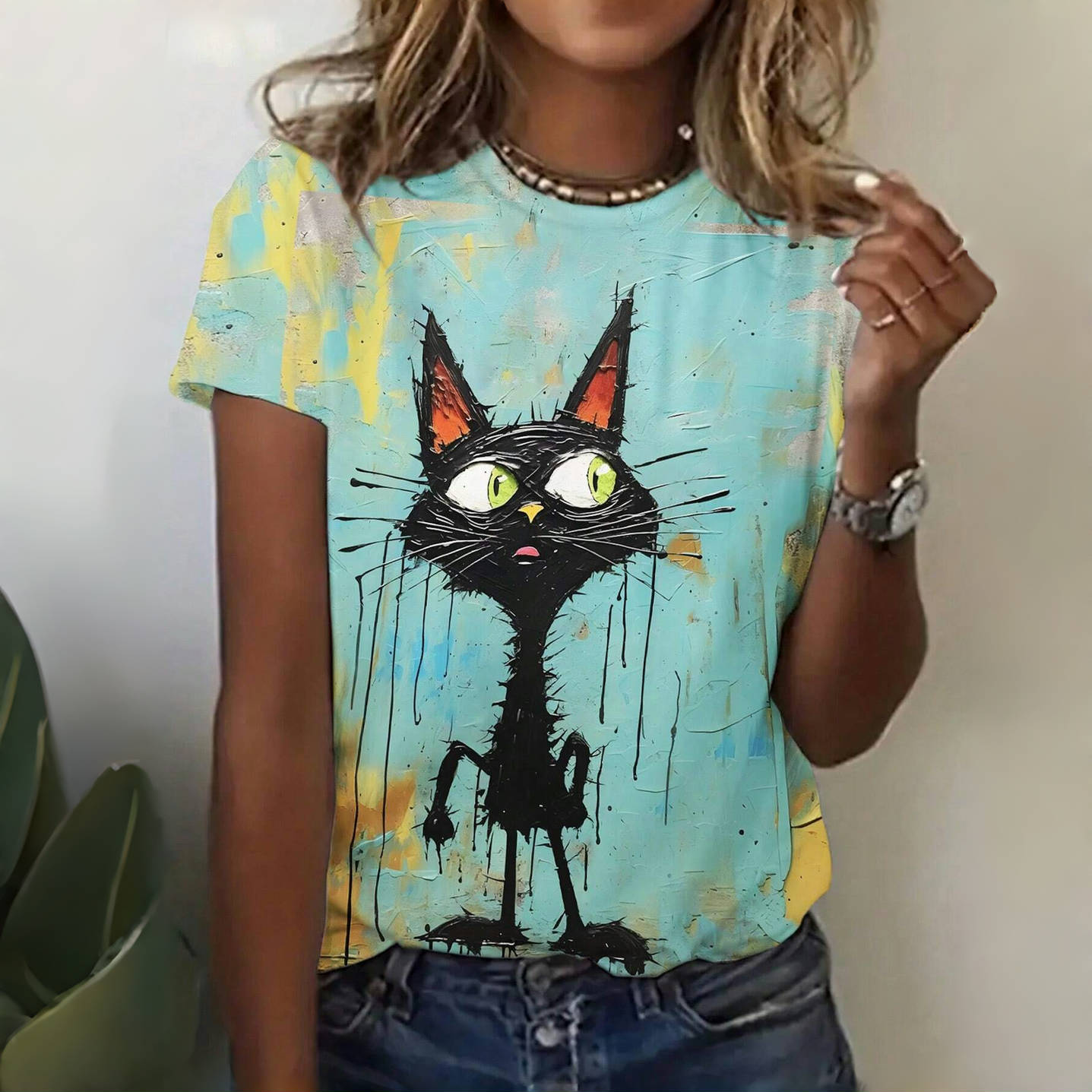 Women's European And American Style Cartoon Cat Oil Painting Print Casual Short Sleeve T-Shirt