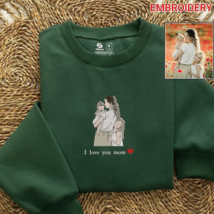 Custom Embroidered Portrait Sweatshirt of Mom and Daughter From Photo