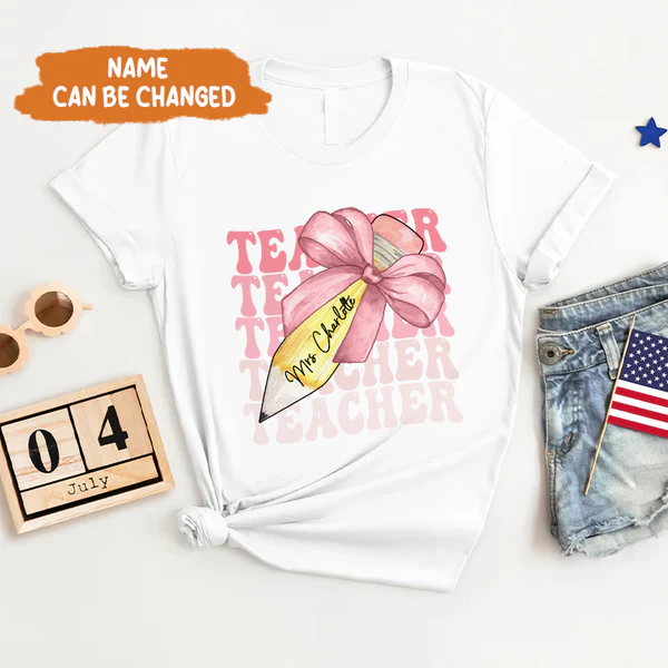 Custom Teacher Pencil Coquette Bow Shirt, Teach Love Inspire Techer Back To School