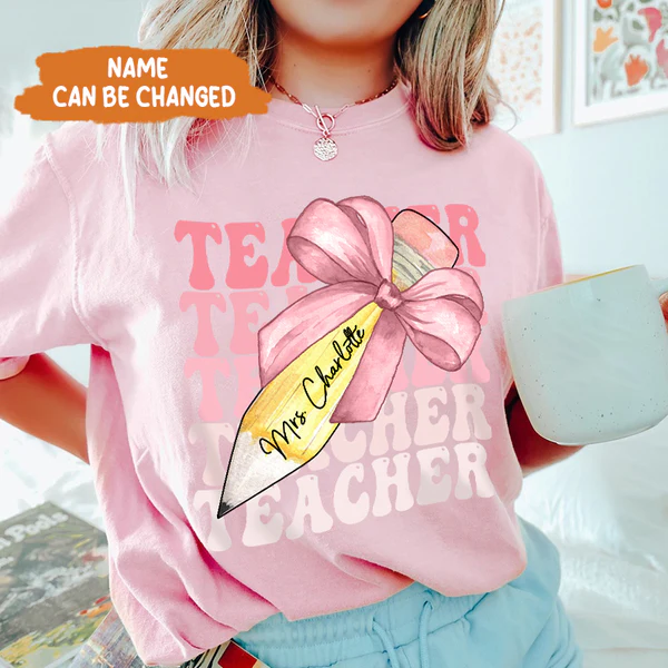 Custom Teacher Pencil Coquette Bow Shirt, Teach Love Inspire Techer Back To School