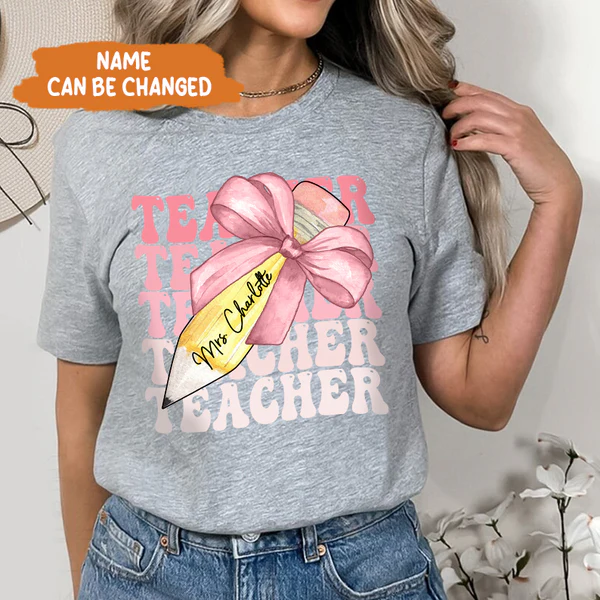 Custom Teacher Pencil Coquette Bow Shirt, Teach Love Inspire Techer Back To School