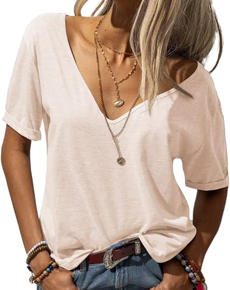 Women Fashion Deep V-Neck Short Sleeve Tops Solid Casual Loose Basic T Shirt