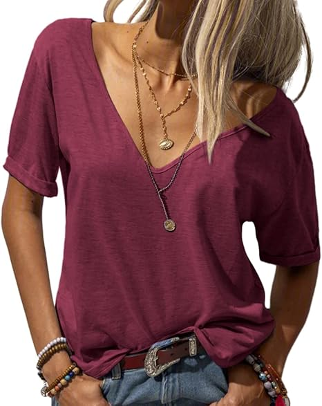 Women Fashion Deep V-Neck Short Sleeve Tops Solid Casual Loose Basic T Shirt