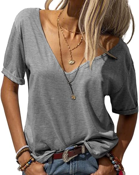 Women Fashion Deep V-Neck Short Sleeve Tops Solid Casual Loose Basic T Shirt