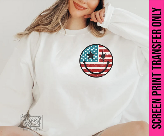 READY TO PRESS Screen Print Transfer - American Smiley Pocket Independence Day Dtf Transfer