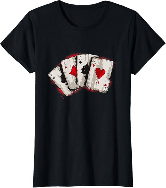 Poker T-Shirt 4 Aces Stud Earrings Hands Lucky Souvenir Las Vegas Tee