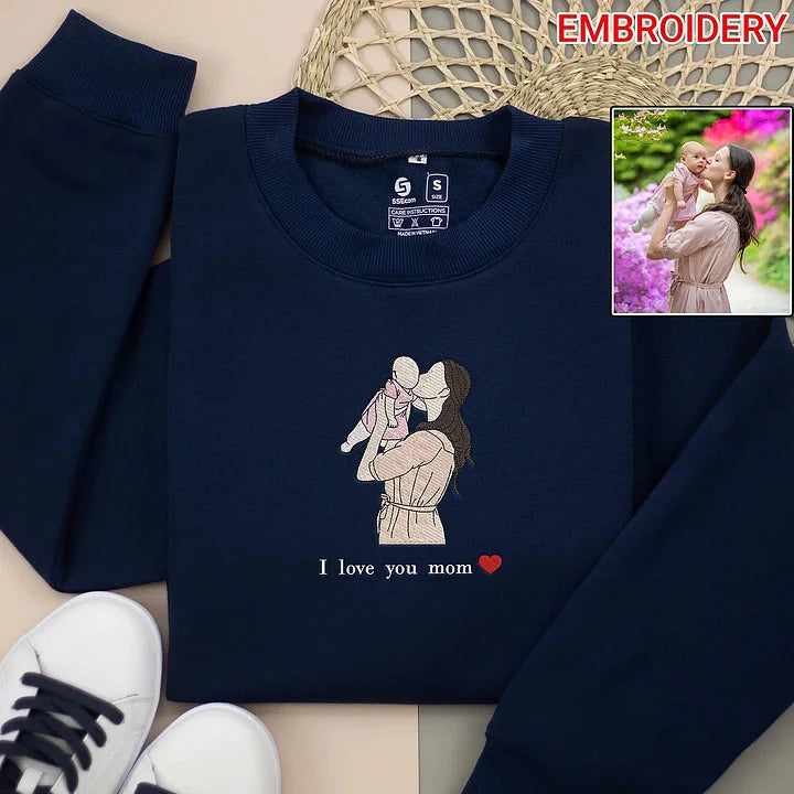 Custom Embroidered Portrait Sweatshirt of Mom and Daughter From Photo