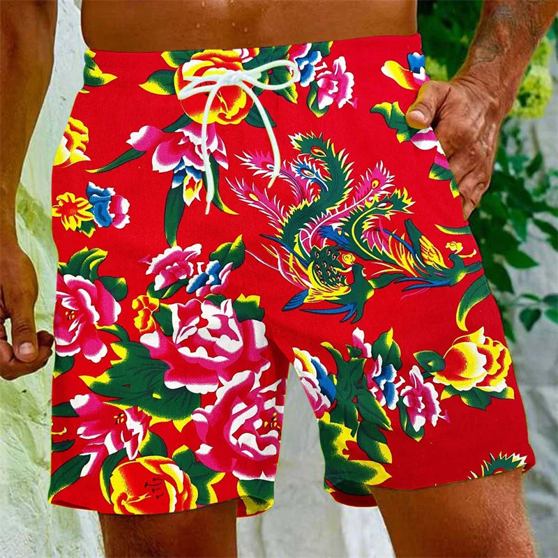 Chinese Dongbei Flower  Beach Shorts For Men Surfing Board Shorts