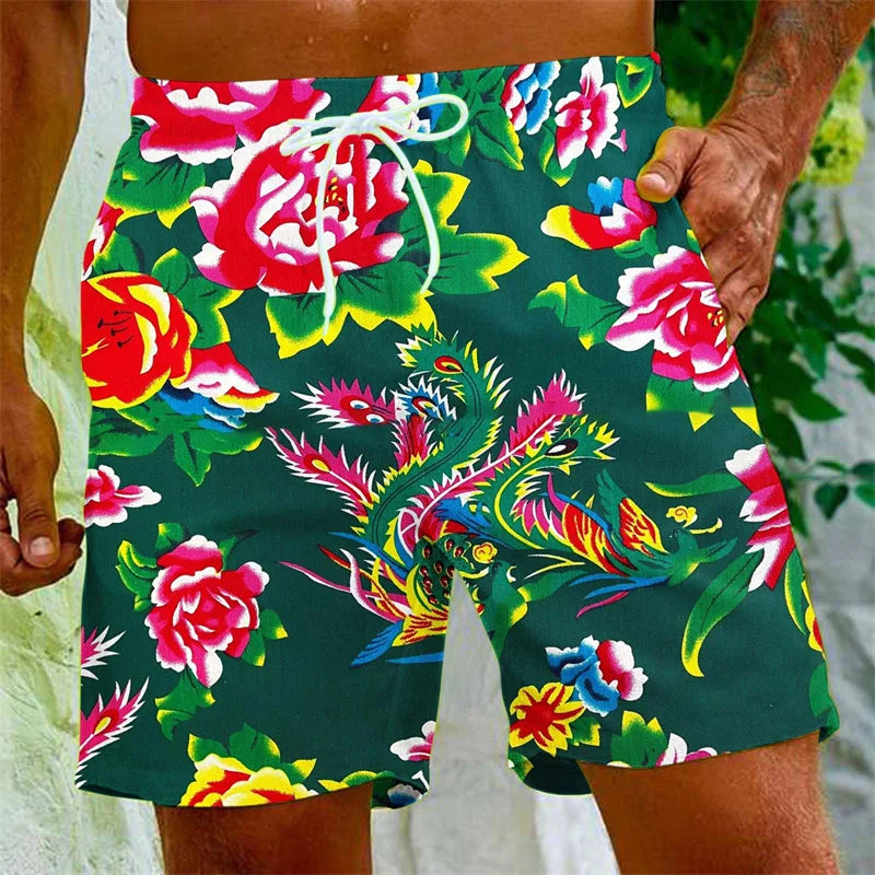 Chinese Dongbei Flower  Beach Shorts For Men Surfing Board Shorts