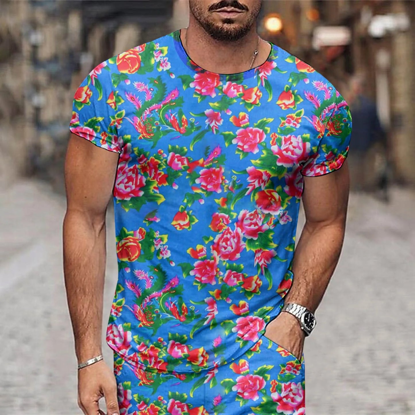 Summer Floral Men's T-Shirt Northeast Big Flower Ethnic Style Tees Tops Short Sleeve