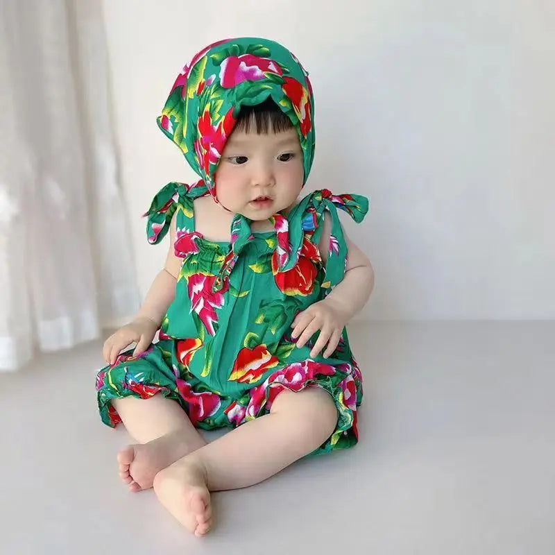 Baby Girl Infant Bodysuit with Scarf Dongbei  Flower Girl Romper Summer Toddler Jumpsuit