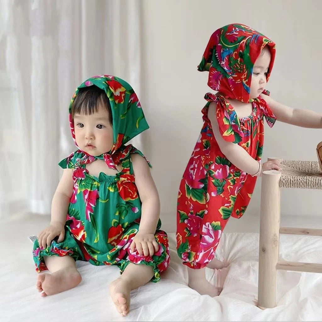 Baby Girl Infant Bodysuit with Scarf Dongbei  Flower Girl Romper Summer Toddler Jumpsuit