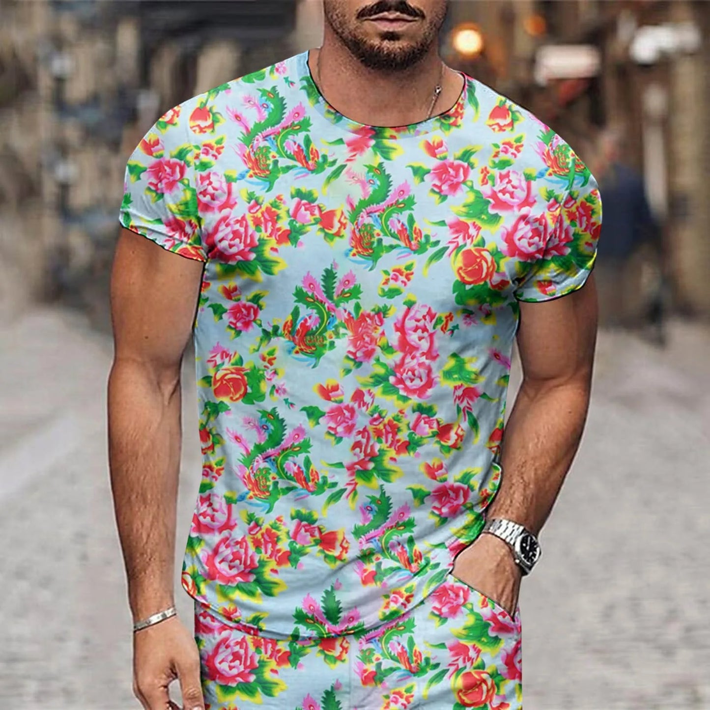 Summer Floral Men's T-Shirt Northeast Big Flower Ethnic Style Tees Tops Short Sleeve