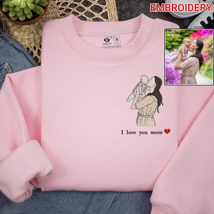 Custom Embroidered Portrait Sweatshirt of Mom and Daughter From Photo