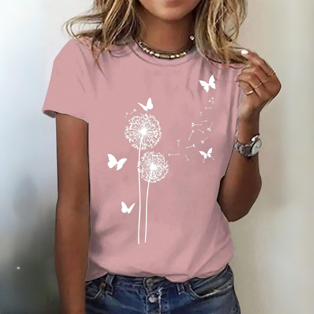 Dandelion & Butterfly Patterned Round Neck Short Sleeve Casual T-Shirt