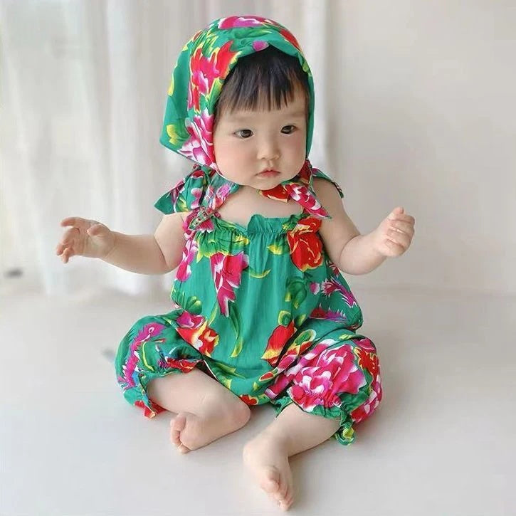 Baby Girl Infant Bodysuit with Scarf Dongbei  Flower Girl Romper Summer Toddler Jumpsuit